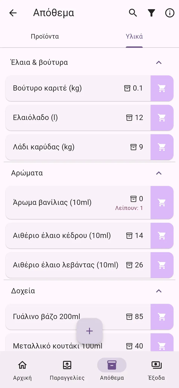 Οθόνη της εφαρμογής My Little Business: Υλικά