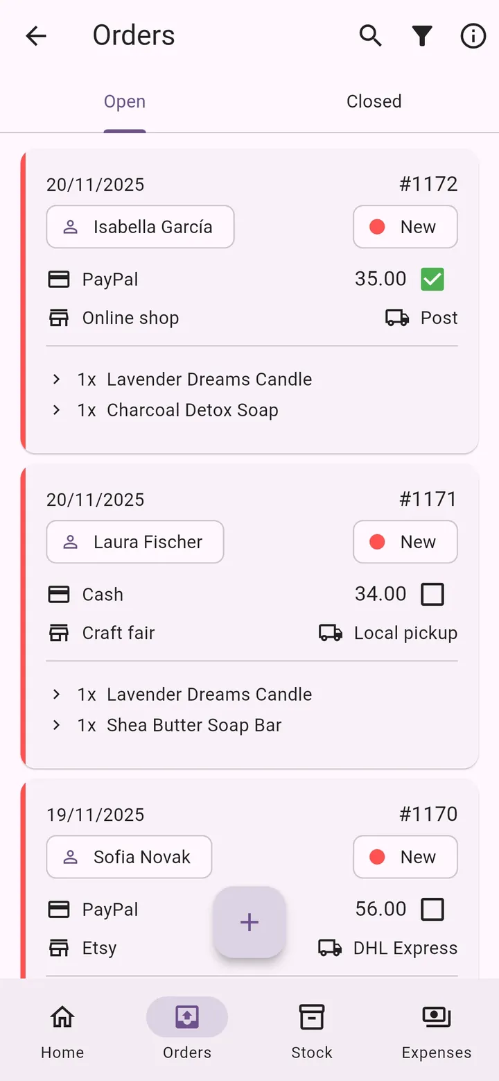 My Little Business app screen: Orders
