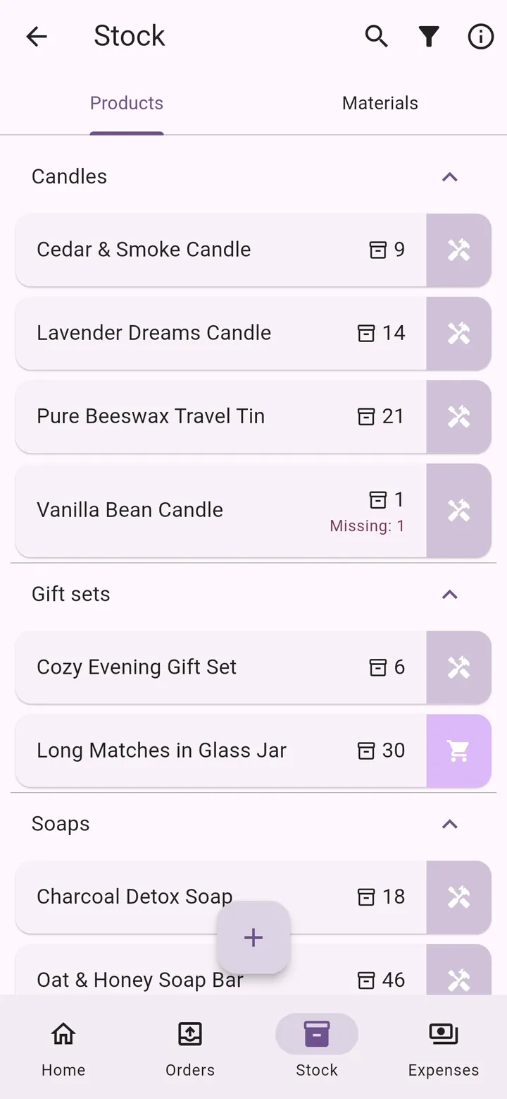 My Little Business app screen: Product stock