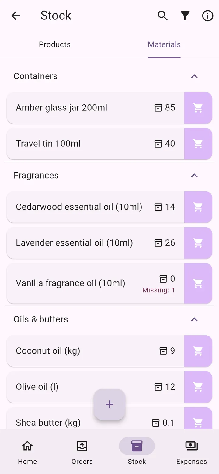 My Little Business app screen: Materials
