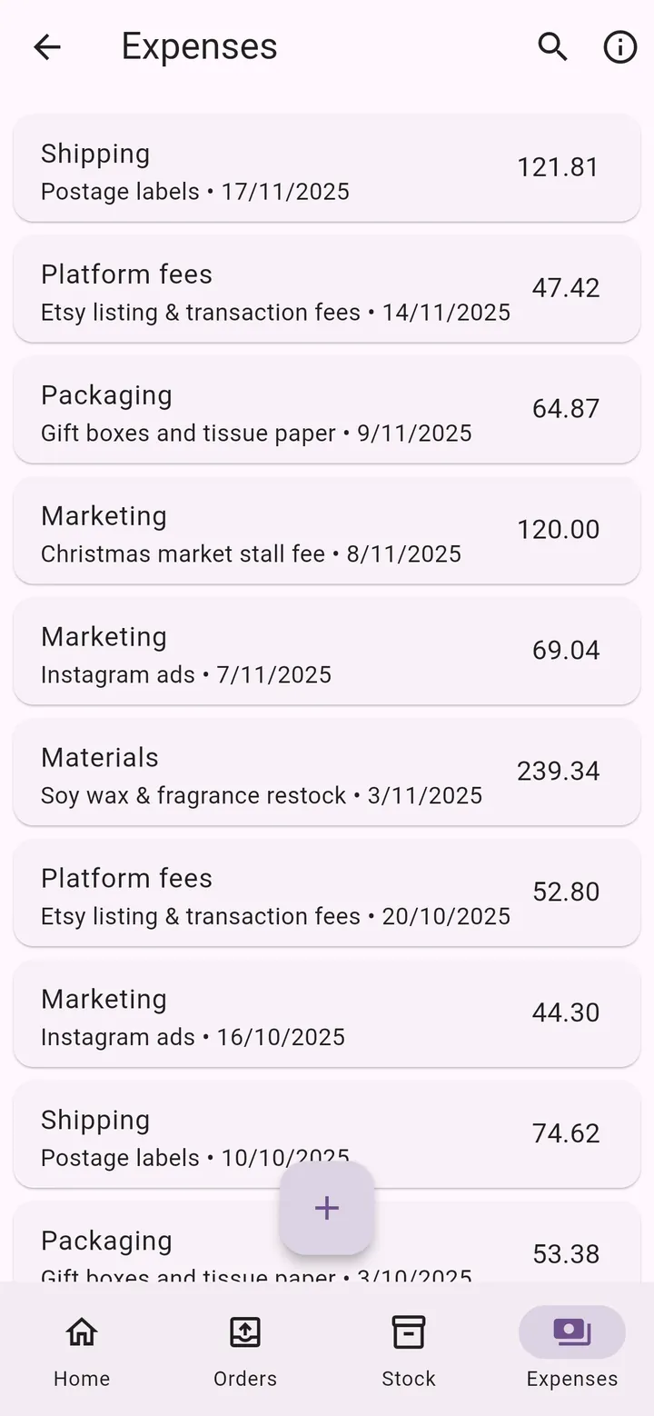 My Little Business app screen: Expenses