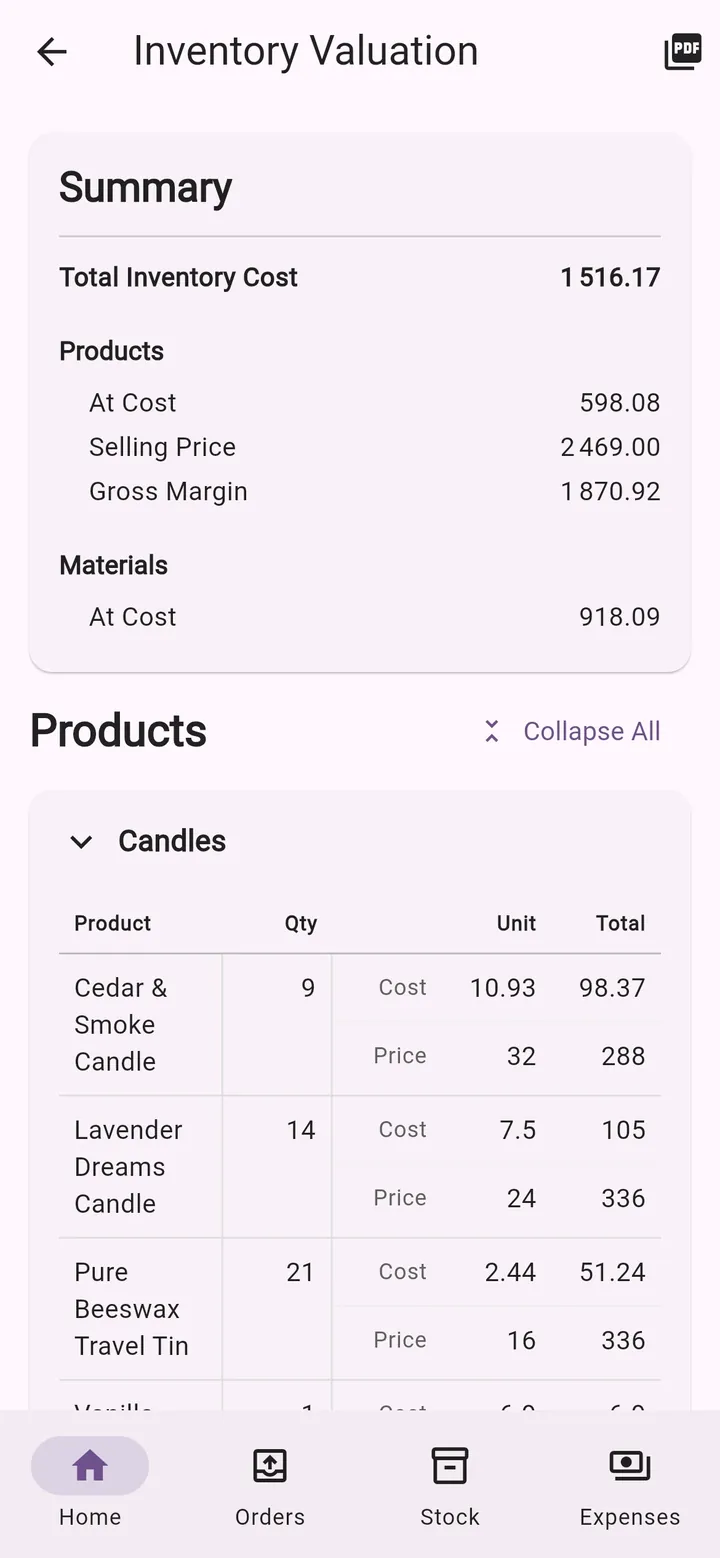 My Little Business app screen: Inventory valuation