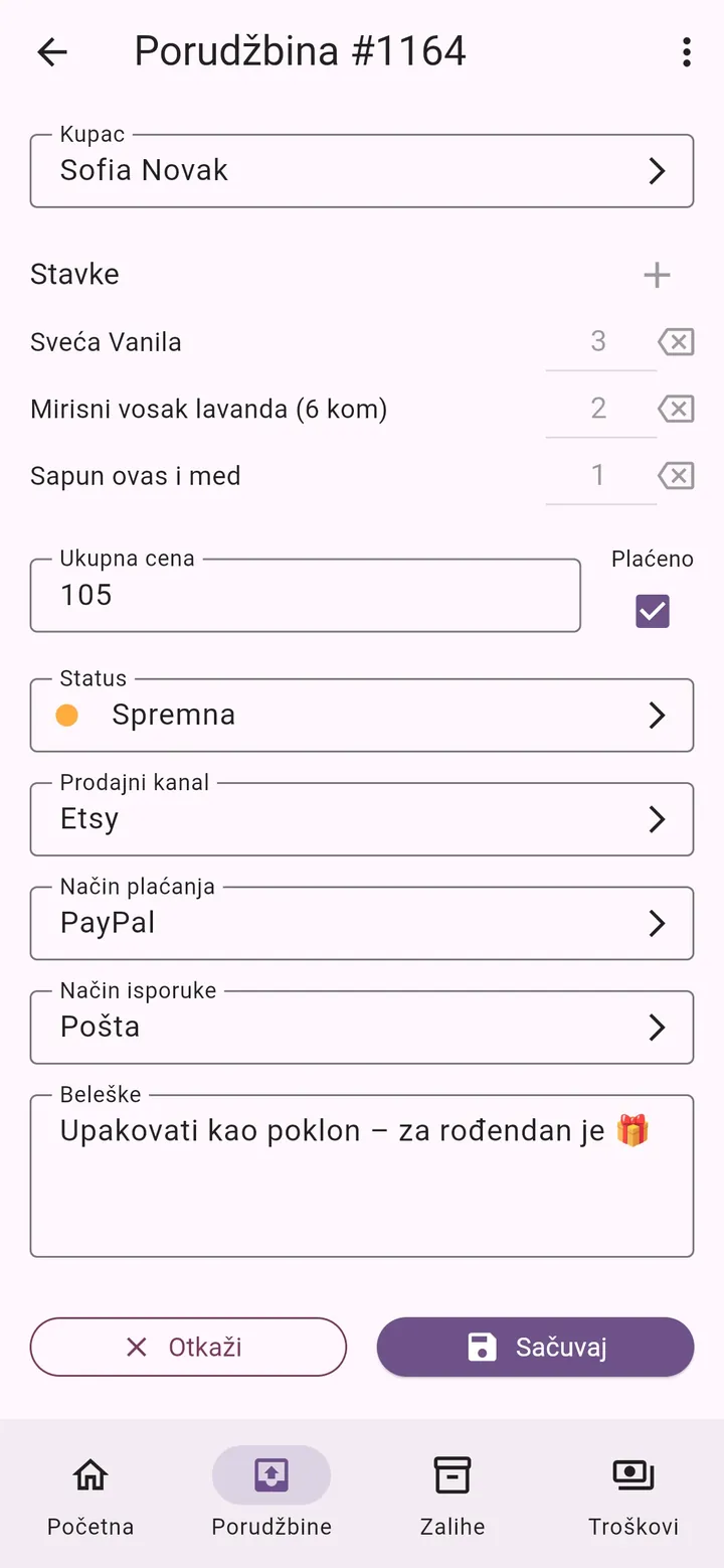 Ekran aplikacije Moj Mali Biznis: Detalji porudžbine