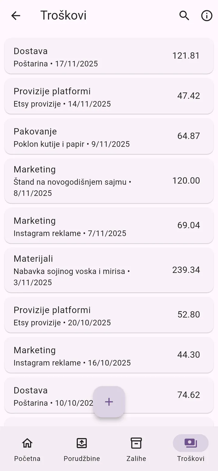 Ekran aplikacije Moj Mali Biznis: Troškovi