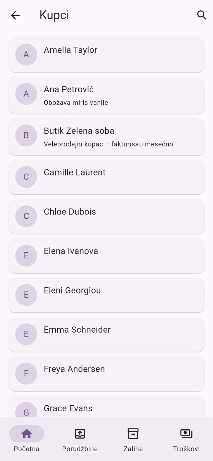 Ekran aplikacije Moj Mali Biznis: Kupci