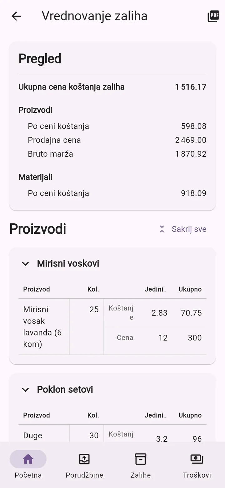 Ekran aplikacije Moj Mali Biznis: Vrednovanje zaliha